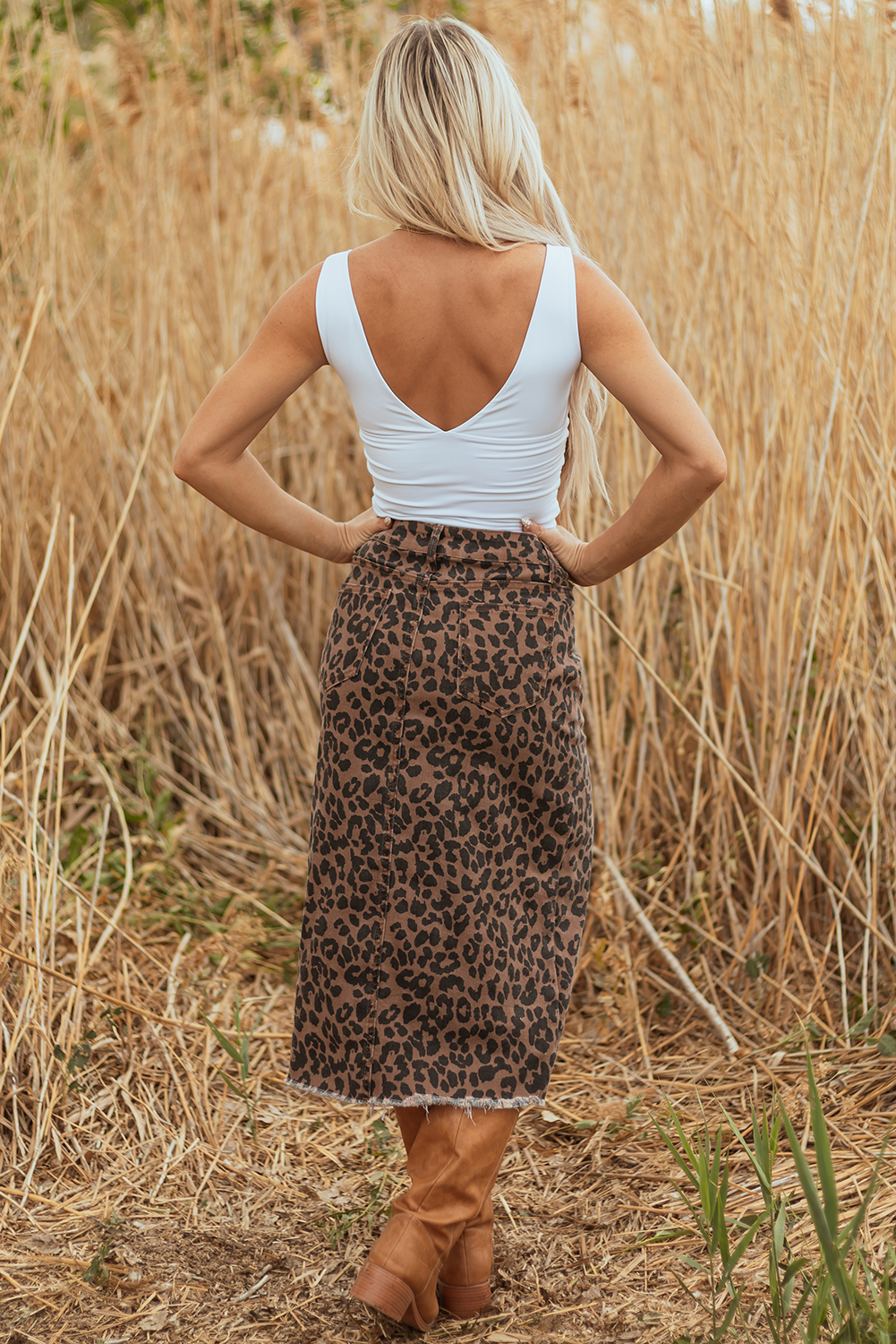 Brown Leopard Denim Frayed Split Denim Midi Skirt - Image 7