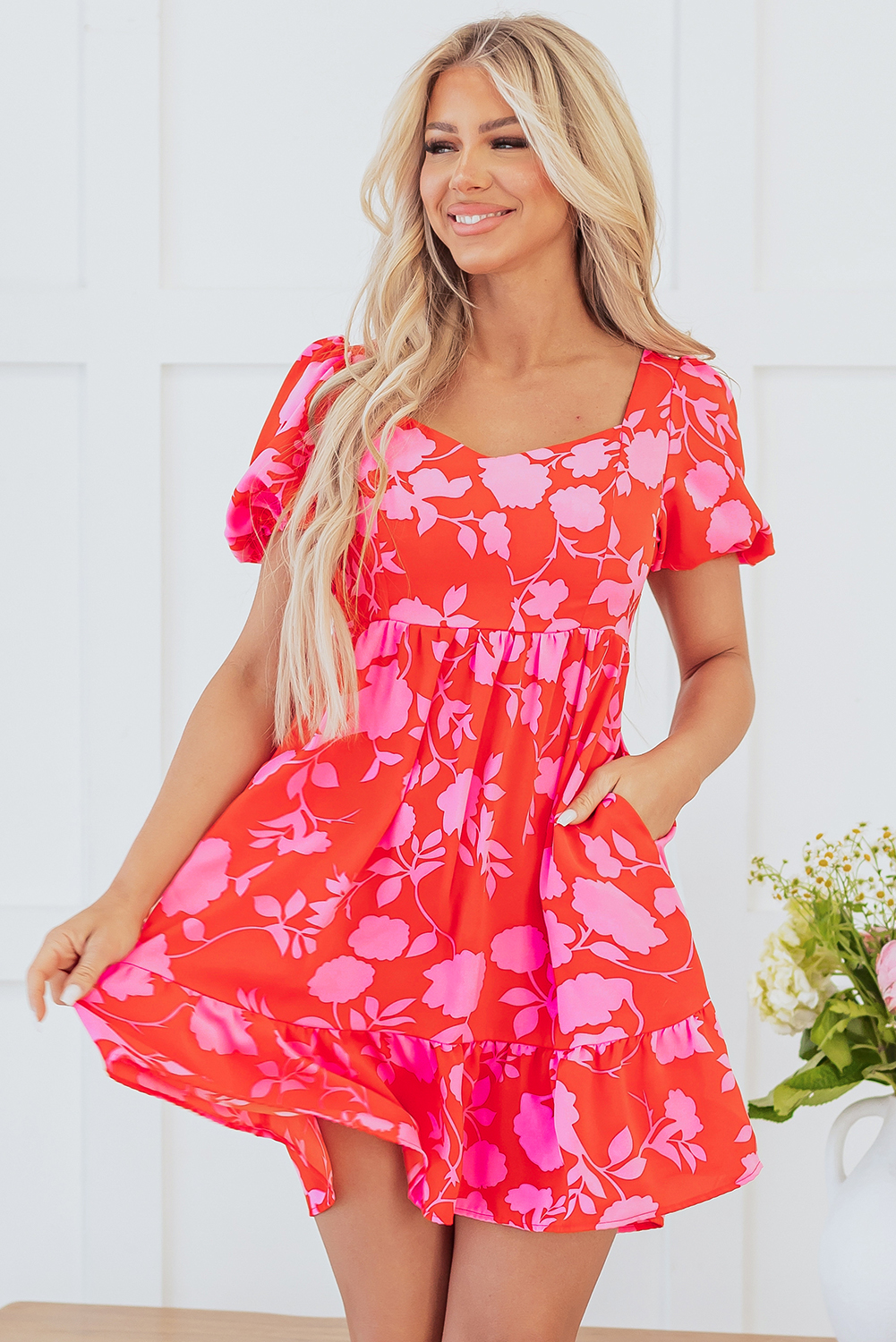 Red Floral Bubble Sleeve Sweetheart Neck Ruffled Mini Dress - Image 6