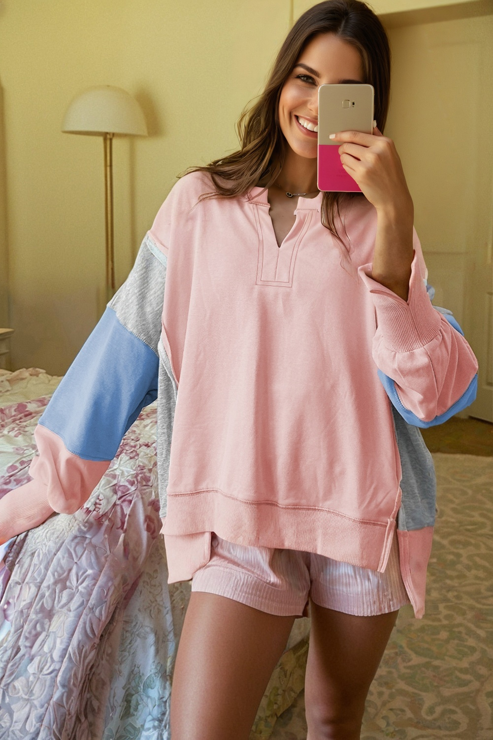 Apricot Pink Exposed Seam Color Block Patchwork Slit Cuffs Oversize Sweatshirt - Image 2