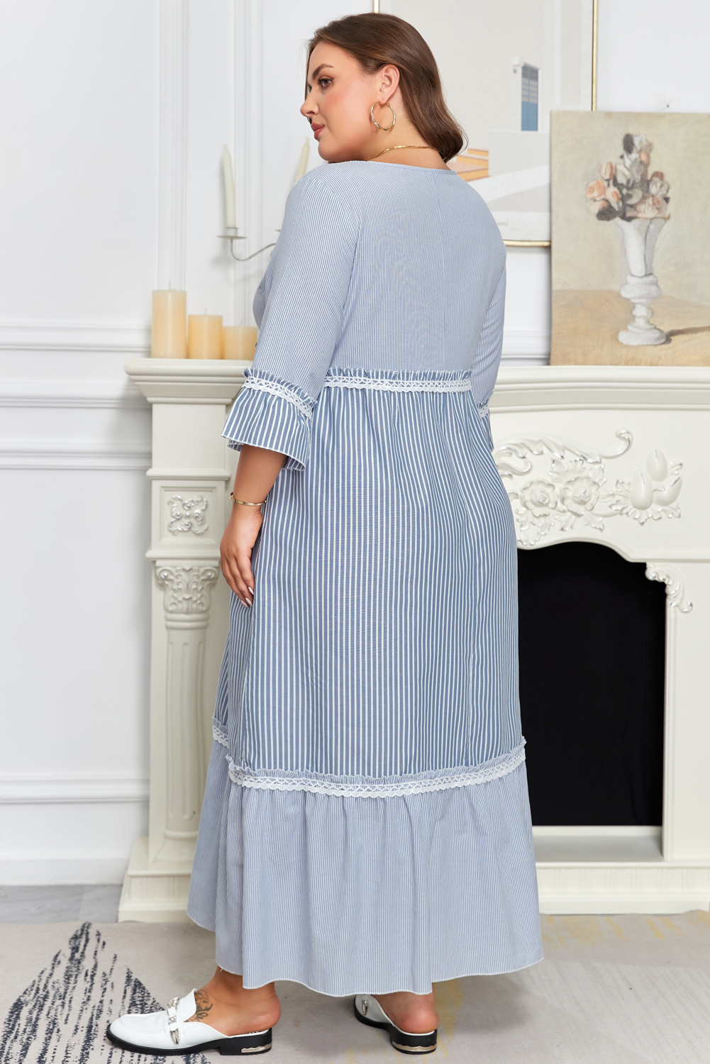 Sky Blue Stripe Crisscross Lace Detail Mixed Striped Patchwork Plus Size Shift Long Dress - Image 2