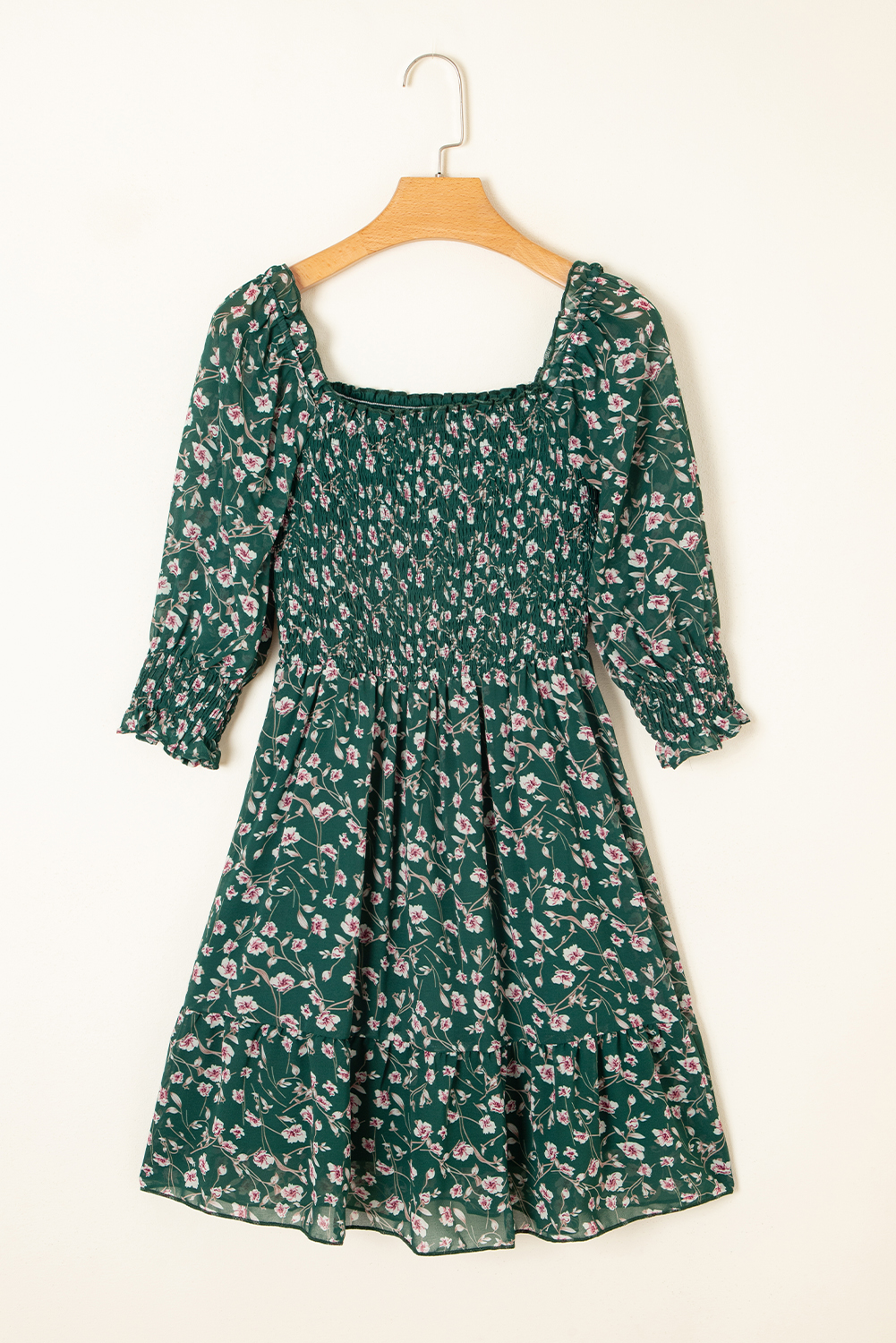 Green Smocked Square Neck Puff Short Sleeve Floral Dress - Image 5
