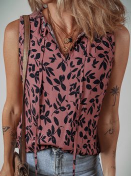 Brown Leaf Print Lace-up V Neck Crinckled Tank Top