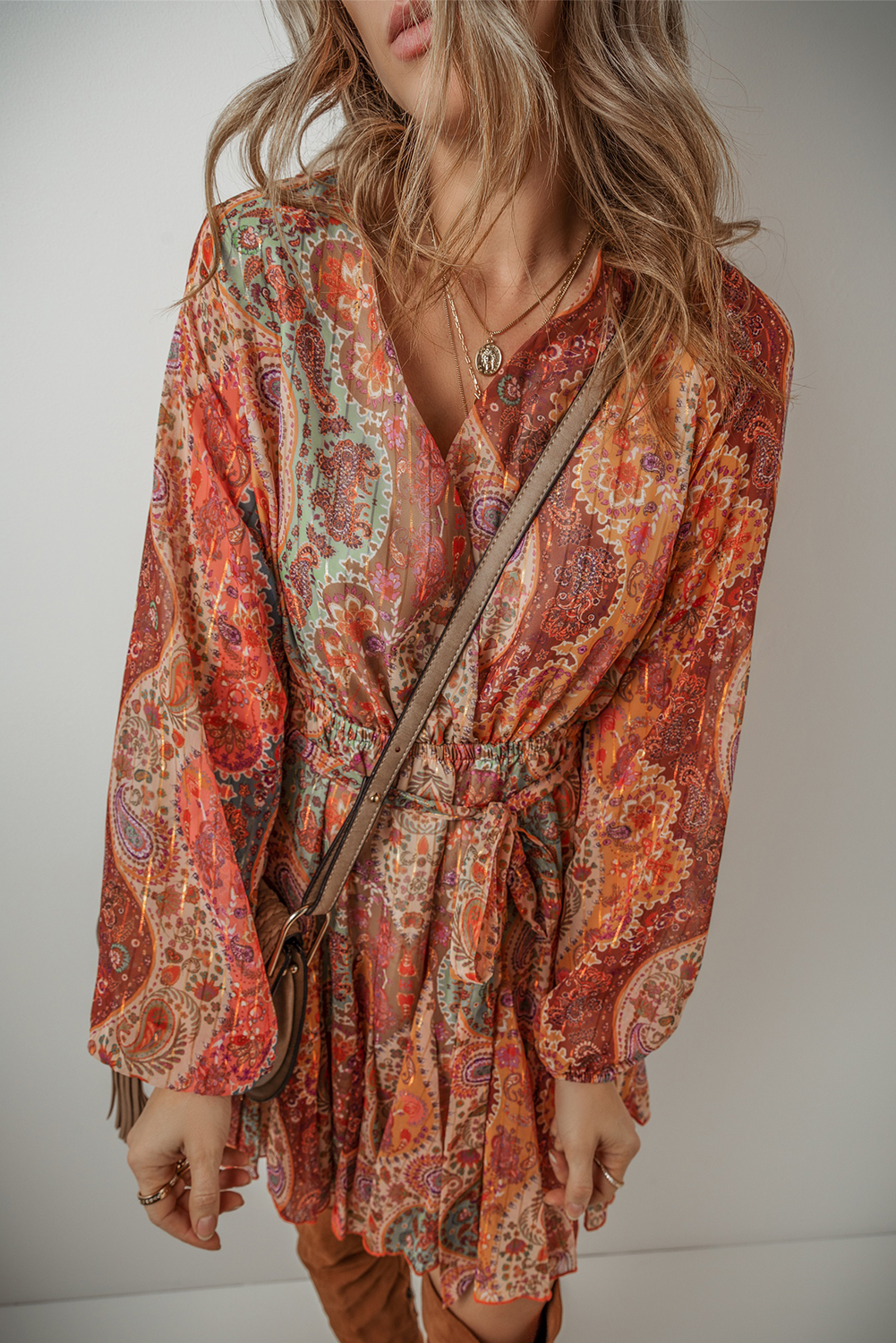 Orange Boho Paisley Print Long Sleeve Pleated Belted Mini Dress - Image 4