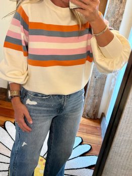 Beige Stripe Puff Sleeve Casual Pullover Sweatshirt