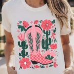 White Western Boots Flower Print Round Neck T Shirt