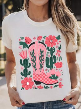 White Western Boots Flower Print Round Neck T Shirt