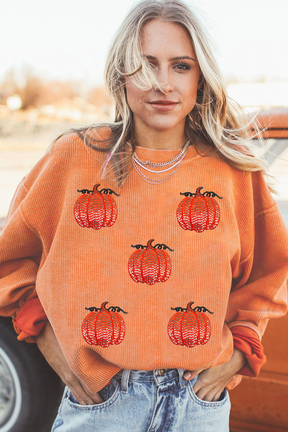 Orange Sequin Pumpkin Patched Twisted Rib Baggy Sweatshirt - Image 2