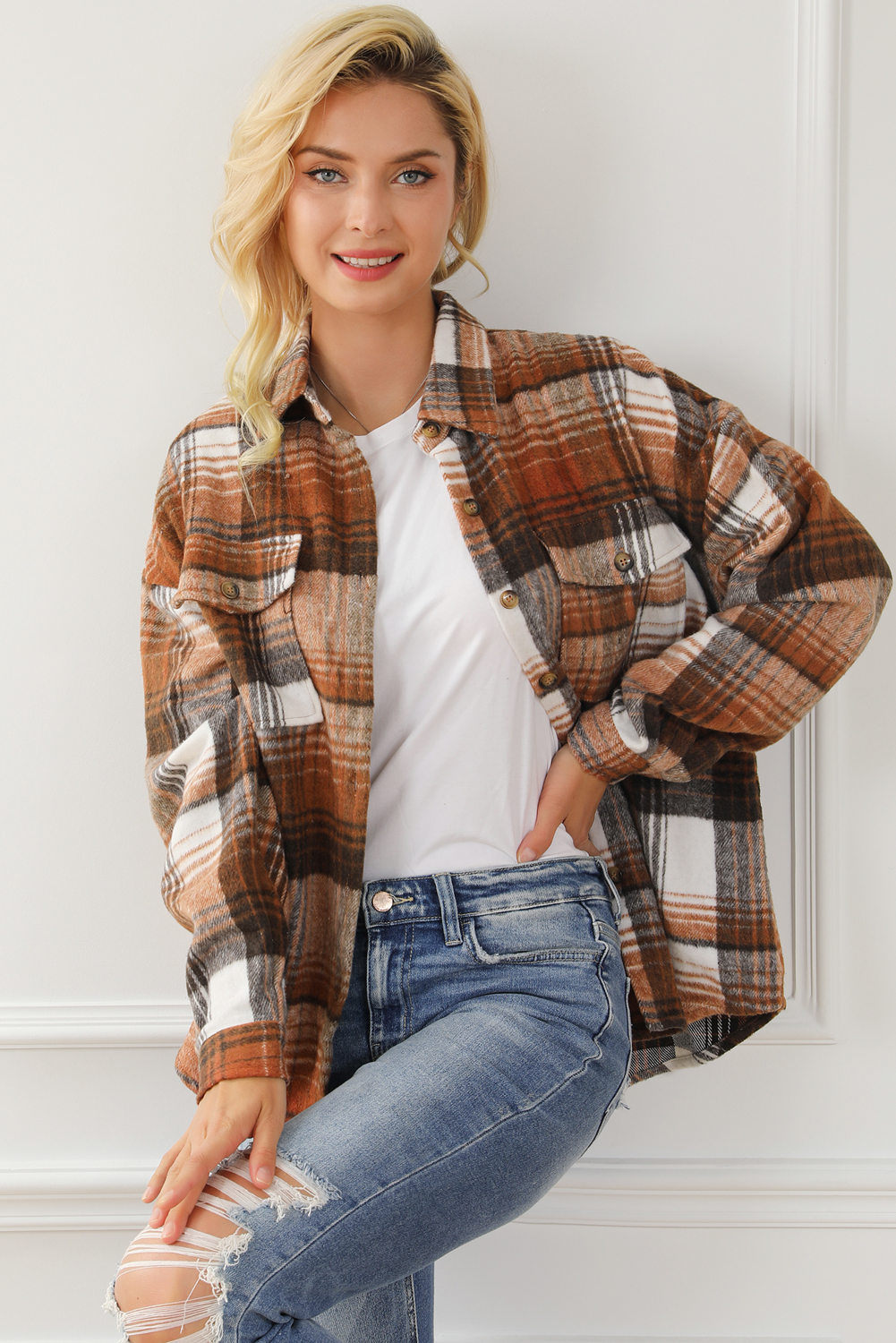 Brown Plaid Flap Pockets Shacket - Image 5