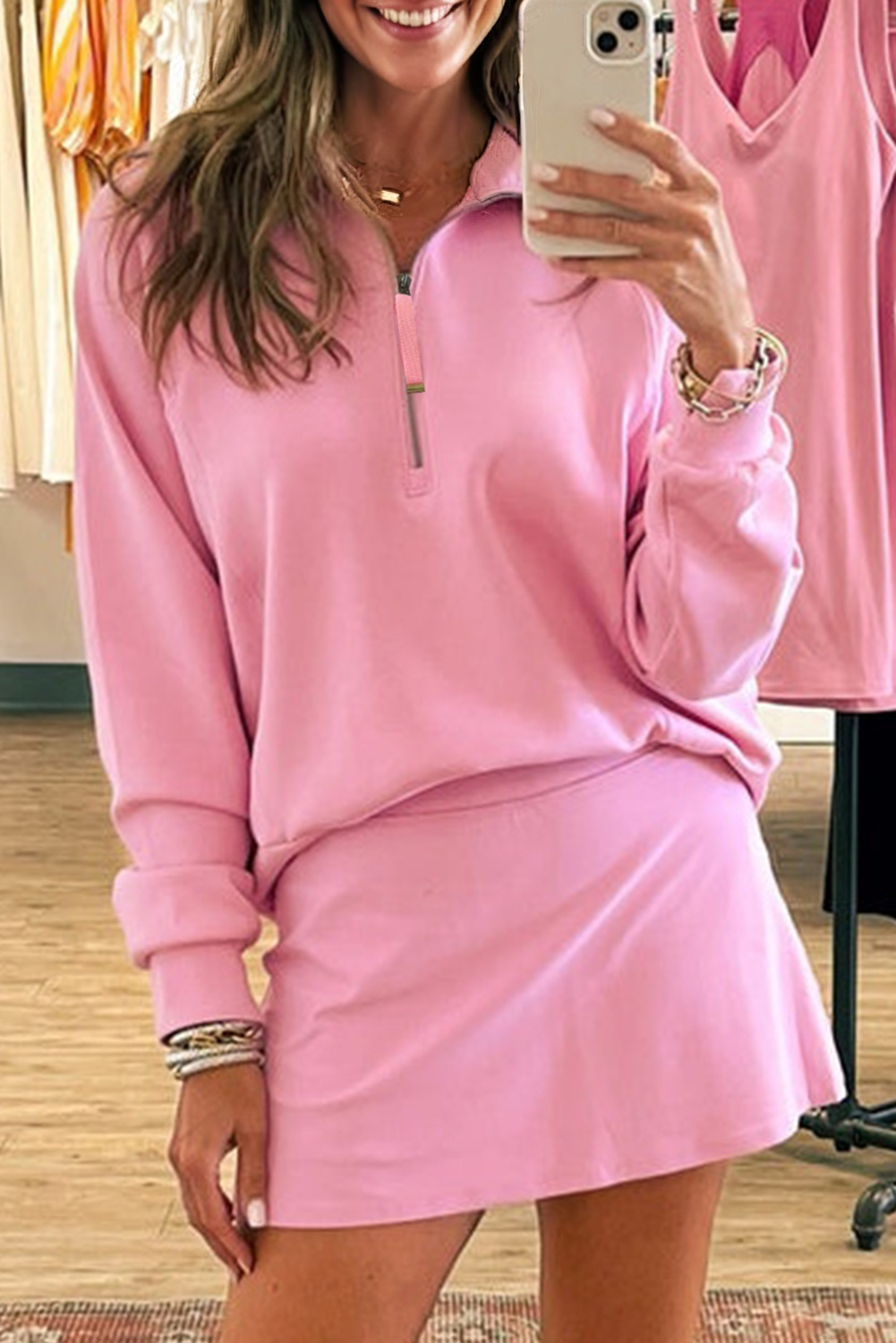 Pink Half Zip Sporty Pullover Mini Skirt 2pcs Outfit - Image 4