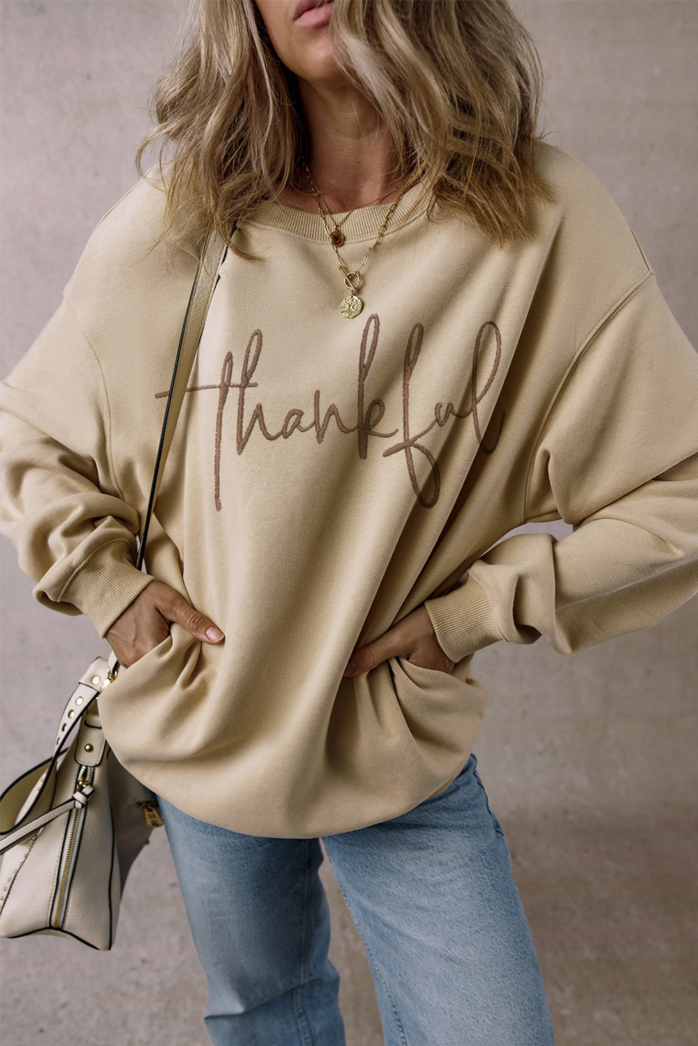 Parchment thankful Embroidered Drop Shoulder Pullover Sweatshirt - Image 5