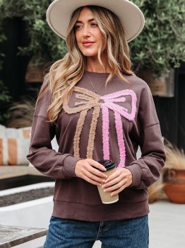 Dark Khaki Contrast Terry Bow Pattern Drop Shoulder Sweatshirt