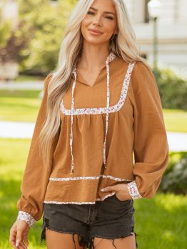 Straw Yellow Split Neck Pleated Floral Trim Long Puff Sleeve Blouse