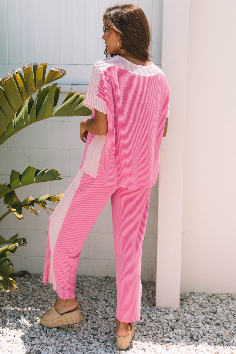 Sachet Pink 2-tone Colorblock Patchwork Corded 2pcs Outfit - Image 2