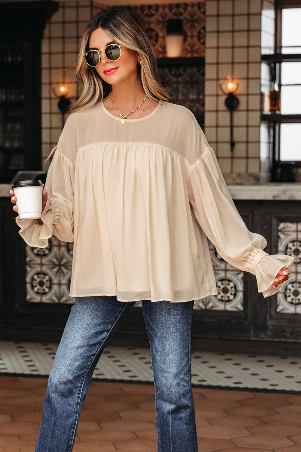 Parchment Pleated Ruffle Long Sleeve Chiffon Blouse - Image 5