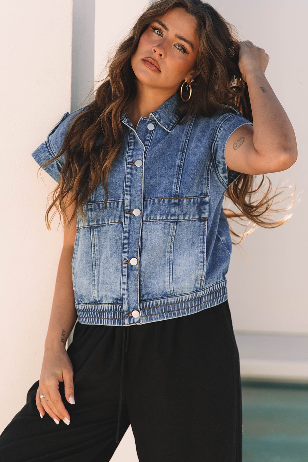 Ashleigh Blue Acid Wash Elastic Hem Button Up Denim Vest - Image 4