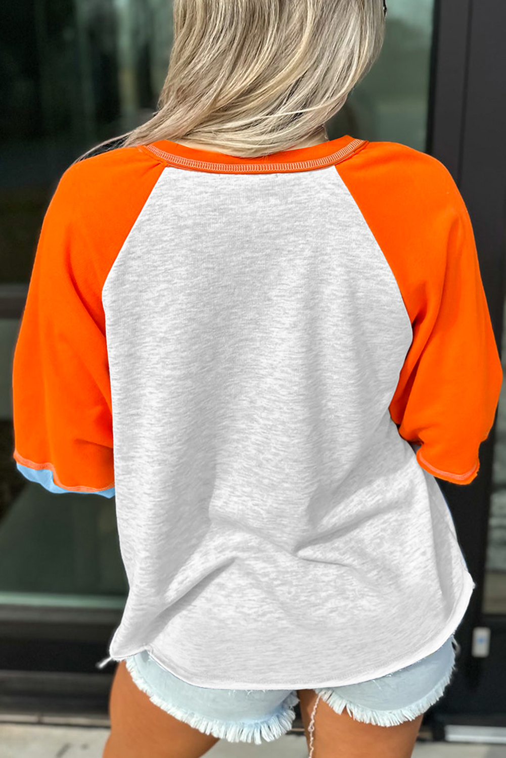 Light Grey HELLO PUMPKIN Patched Graphic Colorblock Bubble Sleeve Raglan Top - Image 2