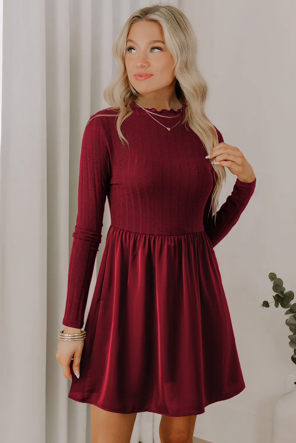 Red Dahlia Frilled Neck Ribbed Knit Patchwork Long Sleeve Mini Dress - Image 3