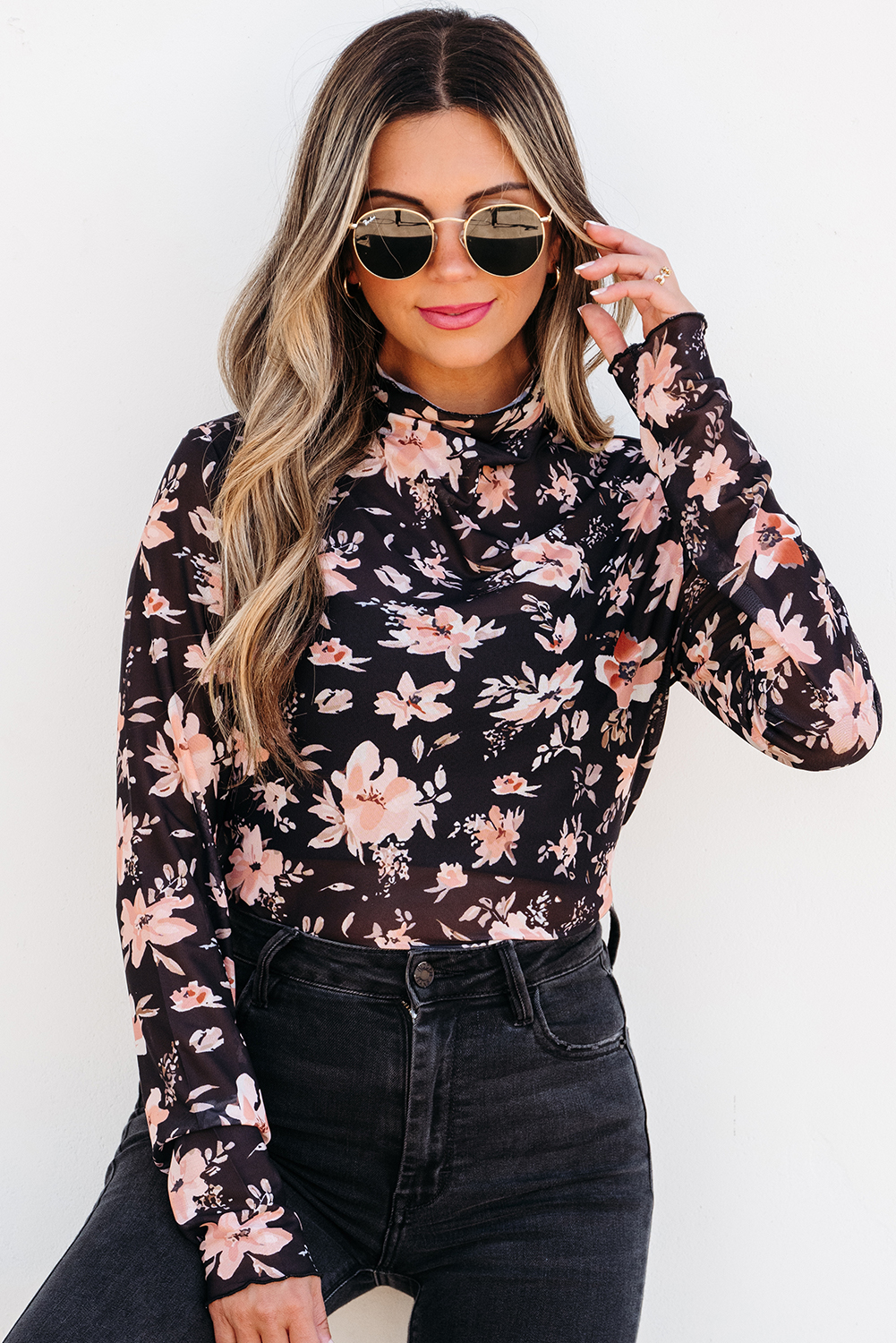 Black Floral Mesh Mock Neck Long Sleeve Slim Fit Top - Image 6