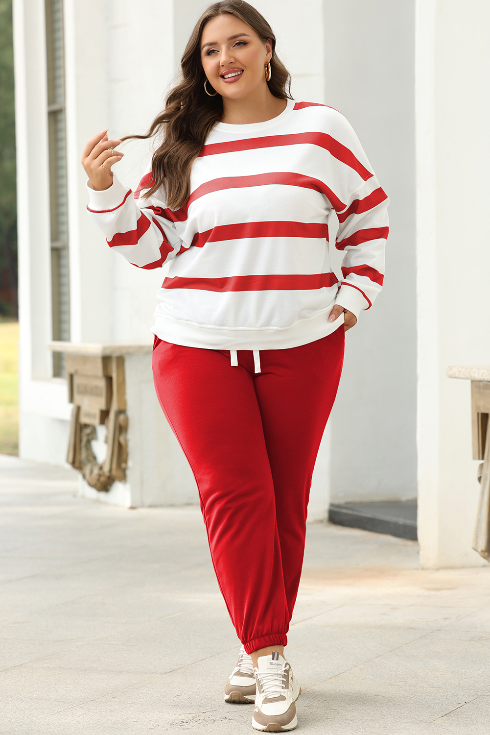 Red Stripe Drop Shoulder Pullover and Jogger Pants Set - Image 8