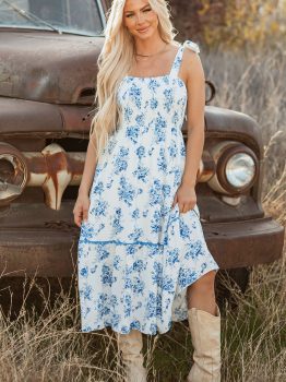 Sky Blue Floral Print Shirred Knot Shoulder Sleeveless Long Dress