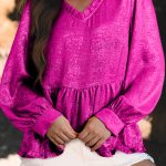 Rose Red Metallic Frilled V Neck Puff Sleeve Babydoll Blouse