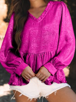 Rose Red Metallic Frilled V Neck Puff Sleeve Babydoll Blouse