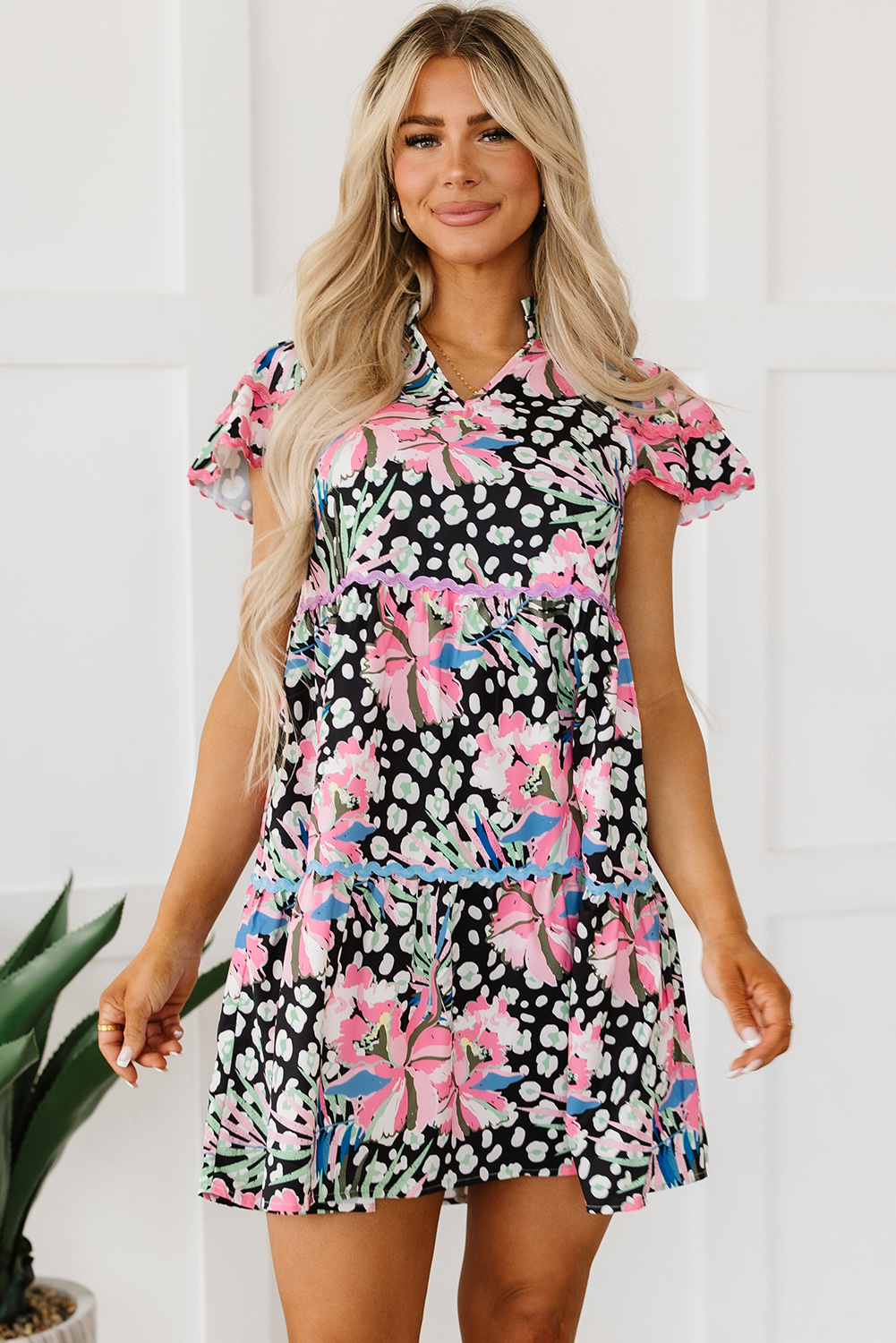 Pink Floral Ricrac Embellished Tiered Mini Dress - Image 5