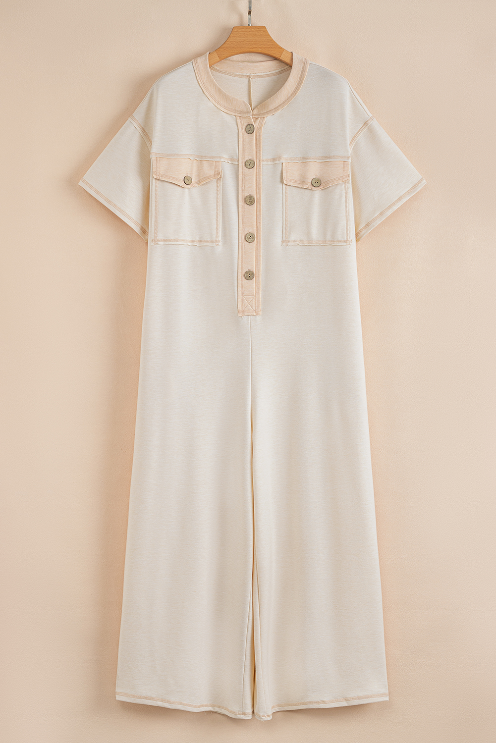 Beige Half Placket Chest Pockets Short Sleeve Wide Leg Jumpsuit - Image 8