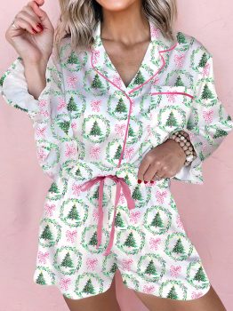Green Christmas Fashion Print Velvet Trim Bow Knot Pajama 2pcs Short Set