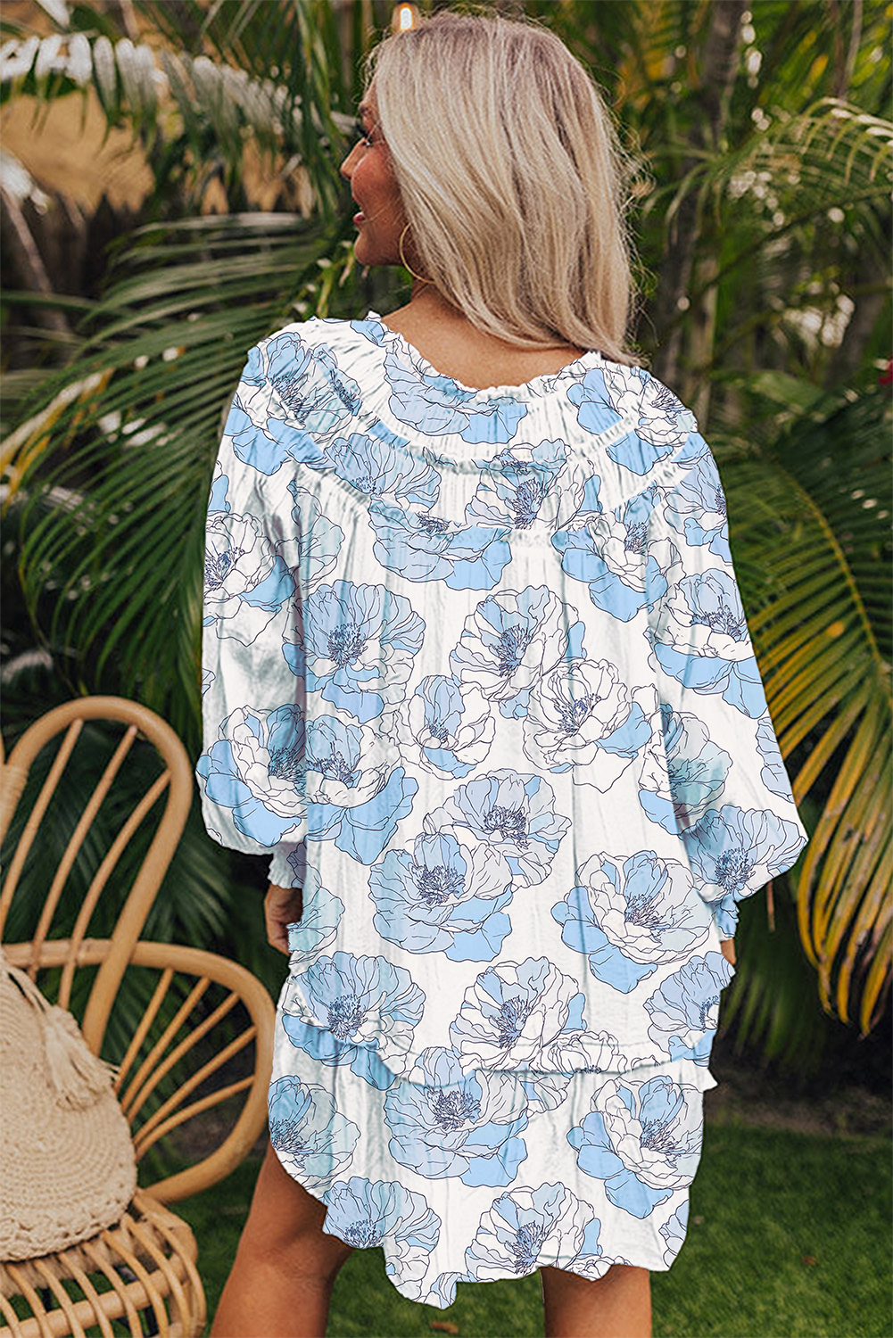 Sky Blue Floral Print Tie Neck Long Sleeve Flowy Mini Dress - Image 2