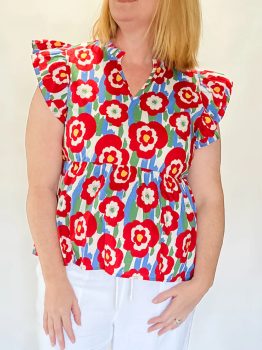 Red Plus Size Floral Print Ruffle Trim Split Neck Peplum Top