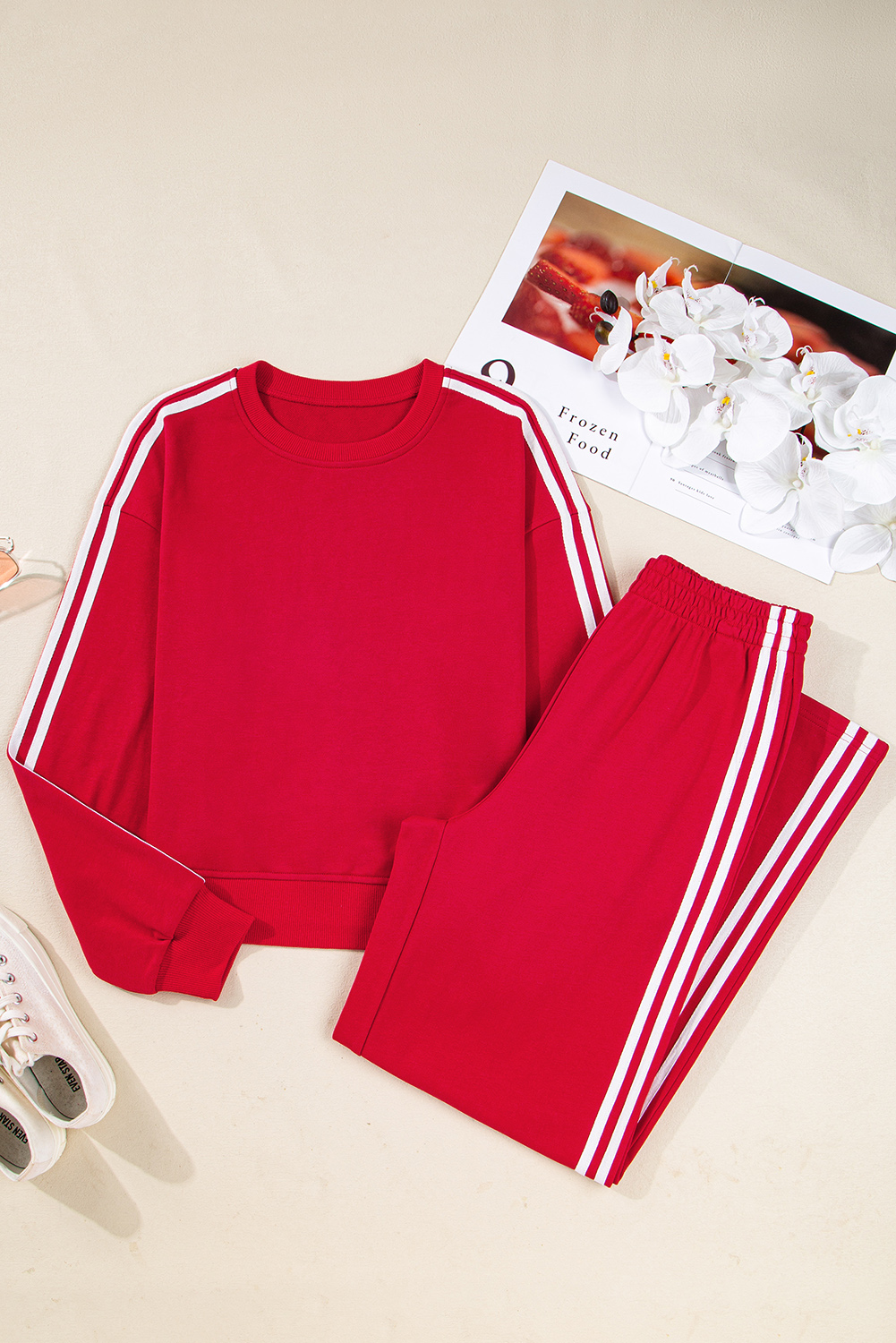 Fiery Red Varsity Striped Detail Crewneck Pullover Elastic Sweatpants 2pcs Outfit - Image 5