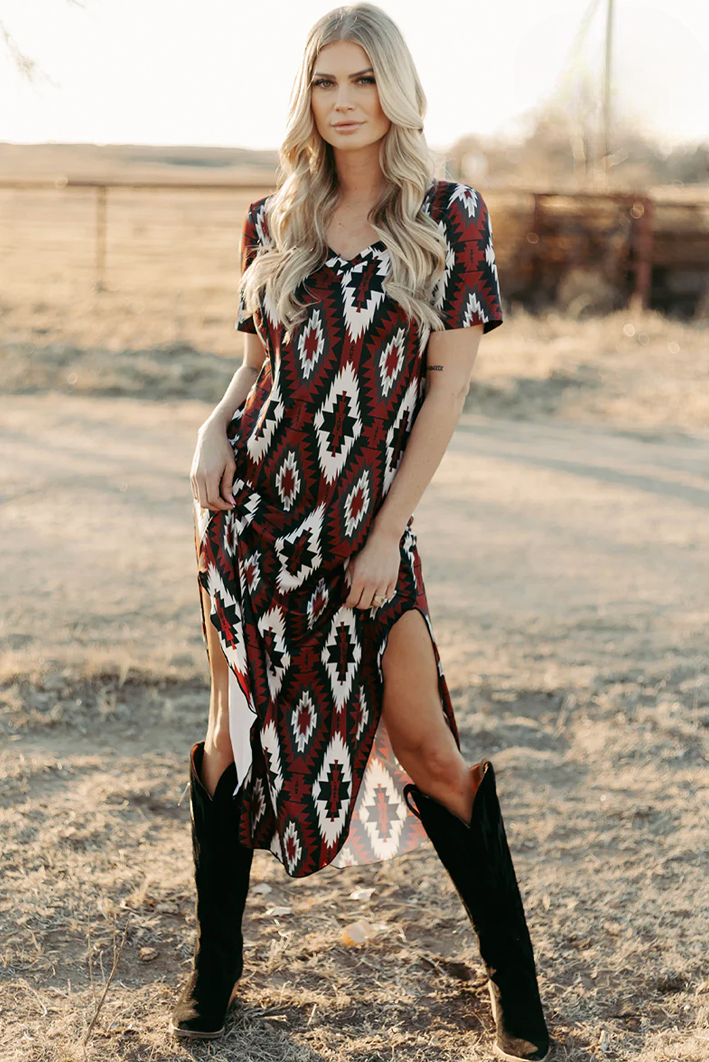 Red Western Aztec Printed Long T-shirt Dress - Image 7
