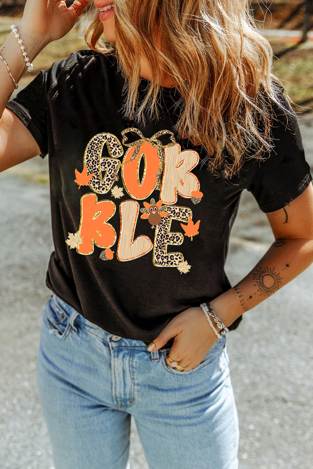 Black GOBBLE Leopard Letter Print Turkey Bow Graphic T Shirt - Image 5