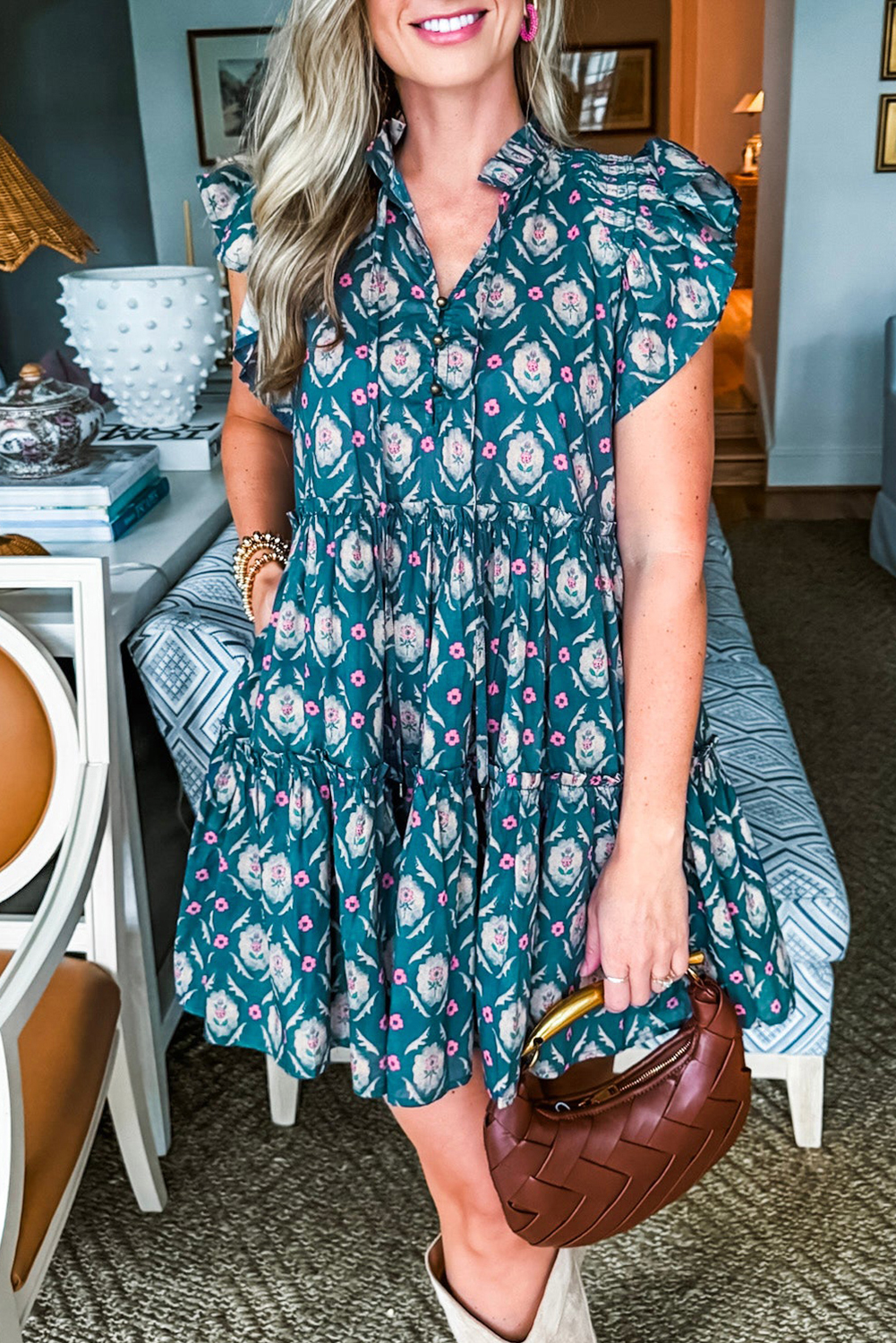 Blue Retro Floral Print Split Neck Ruffle Short Sleeve Dress - Image 6