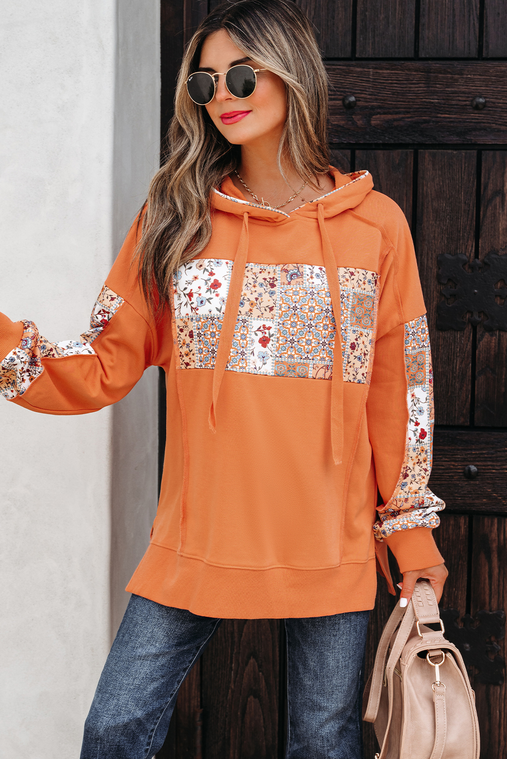 Flamingo Mix Floral Patchwork Side Slit Drawstring Hoodie - Image 4