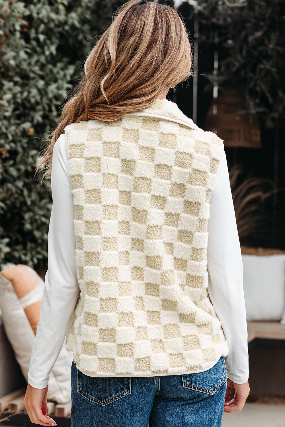 Khaki Sherpa Checkerboard Snap Button Vest Jacket With Pocket - Image 2