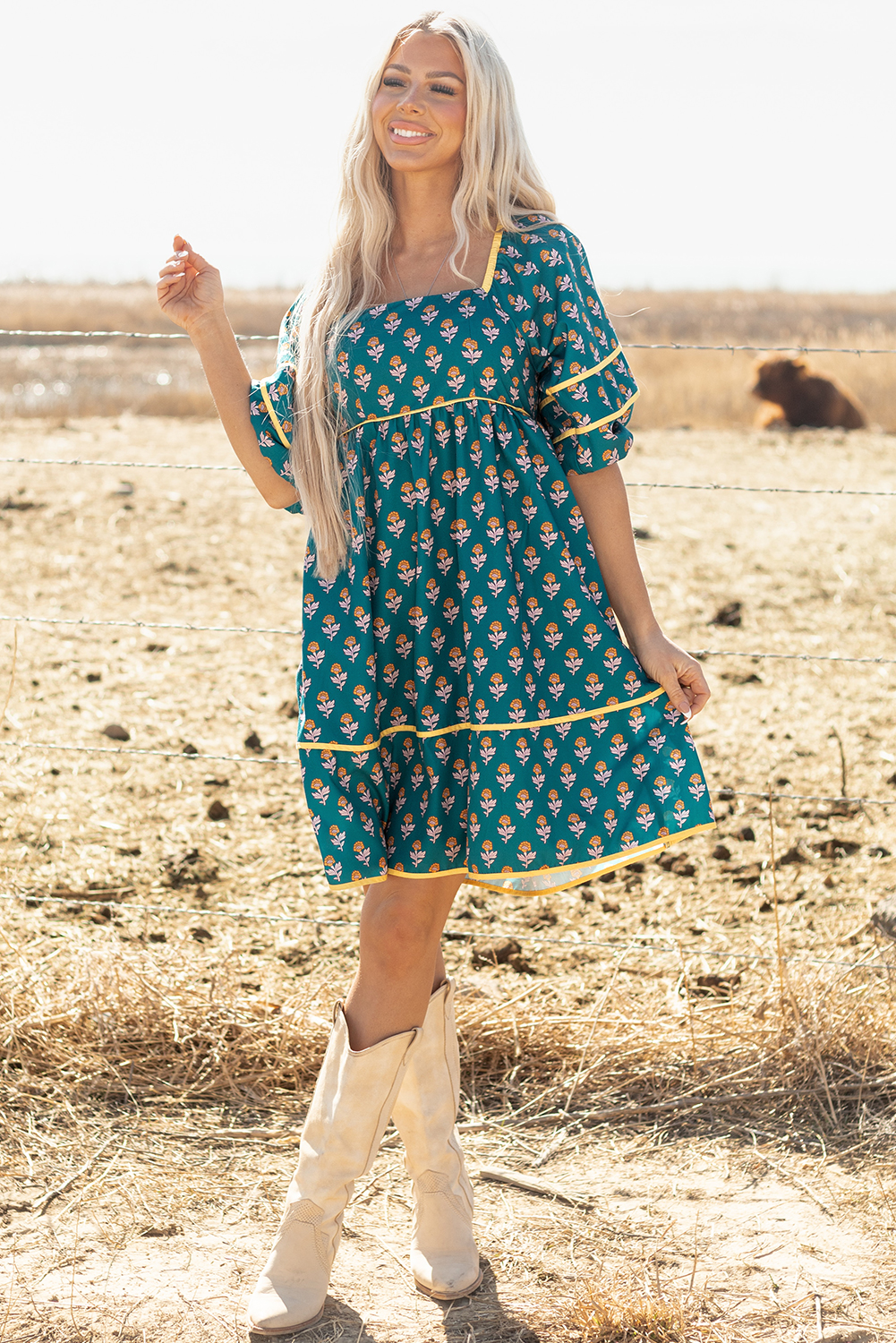 Skobeloff Floral Contrast Trim Square Neck Puff Sleeve Dress - Image 7