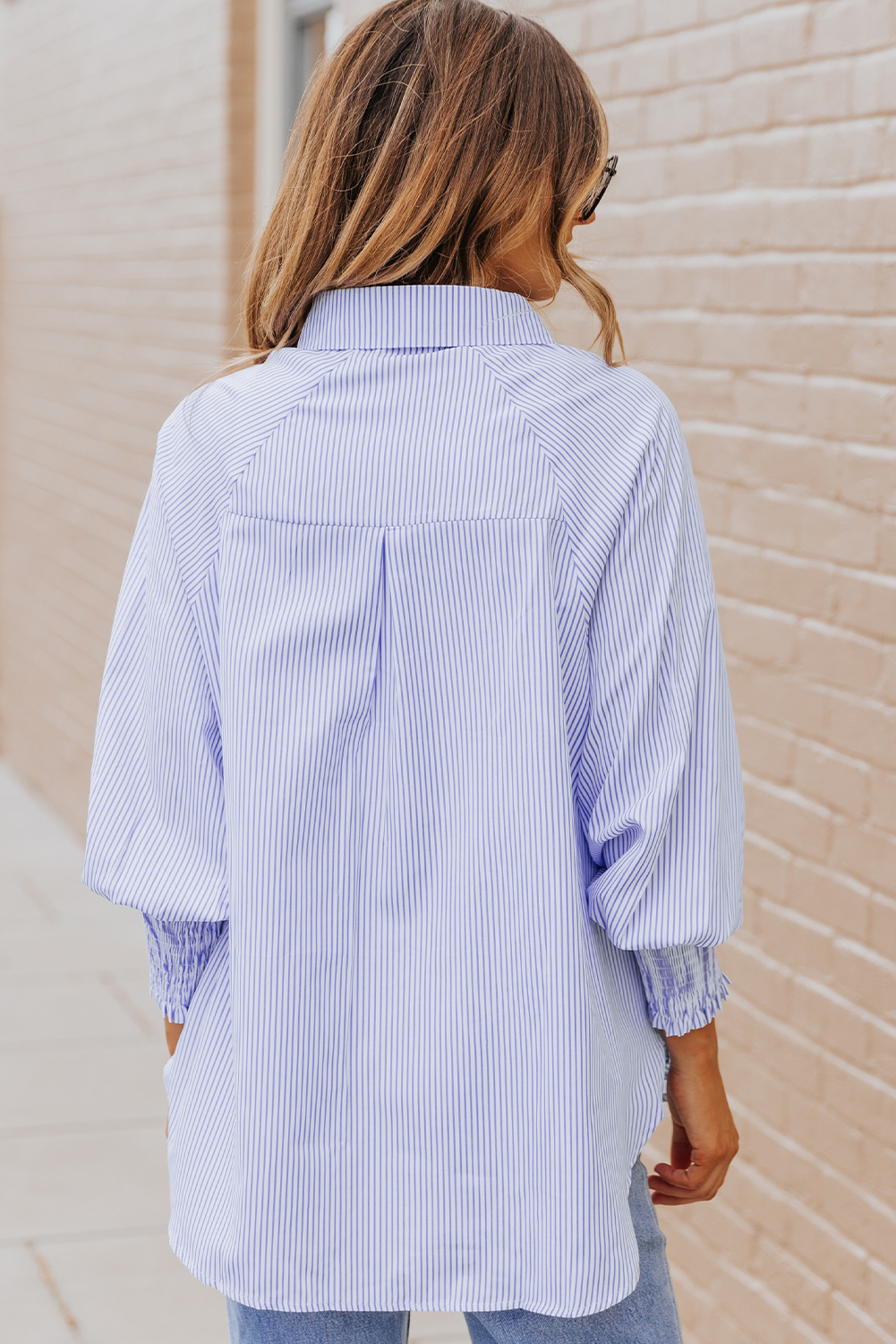 Sky Blue Smocked Cuffed Striped Boyfriend Shirt with Pocket - Image 6