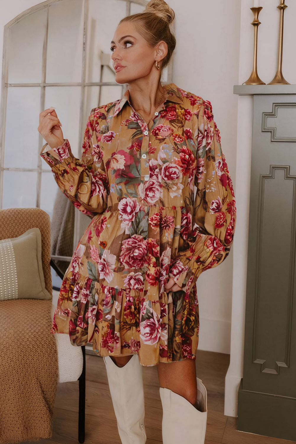 Brown Vintage Floral Print Shirt Style Half Button Long Sleeve Ruffle Mini Dress - Image 3