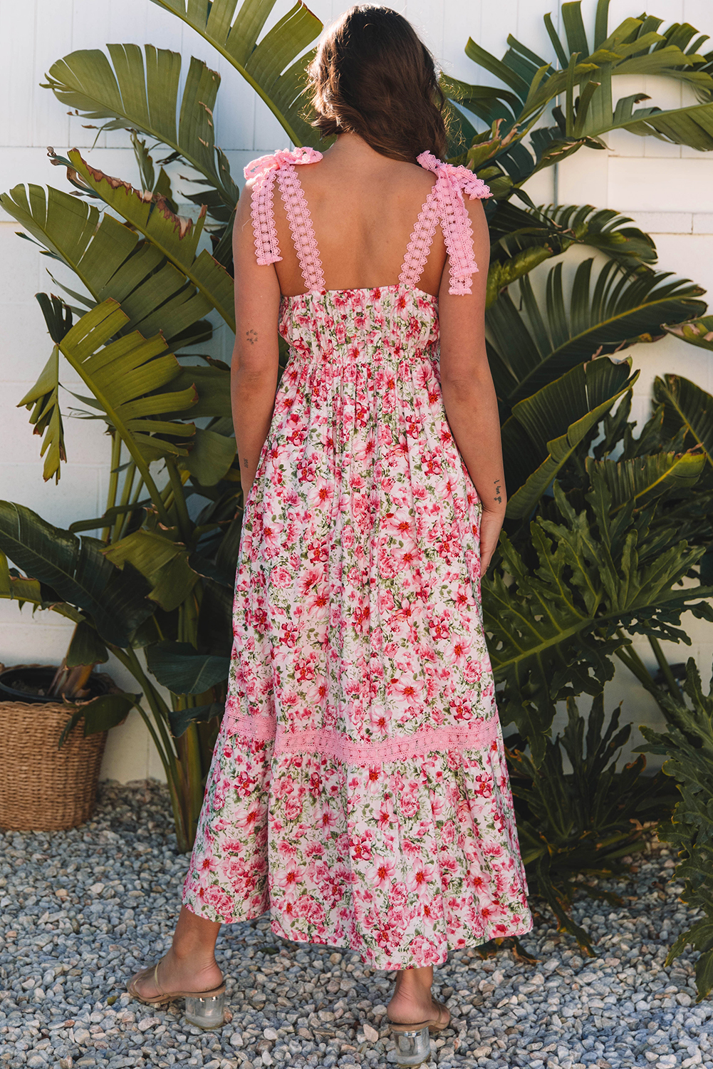 Pink Floral Lace Tied Strap Empire Waist Maxi Dress - Image 2