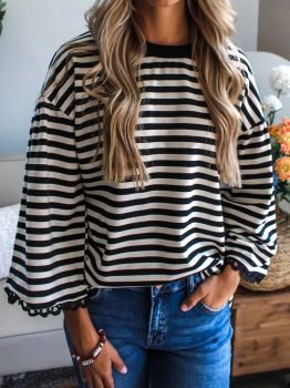 Black Striped Print Drop Shoulder Lace Trim Bracelet Sleeve Loose Top