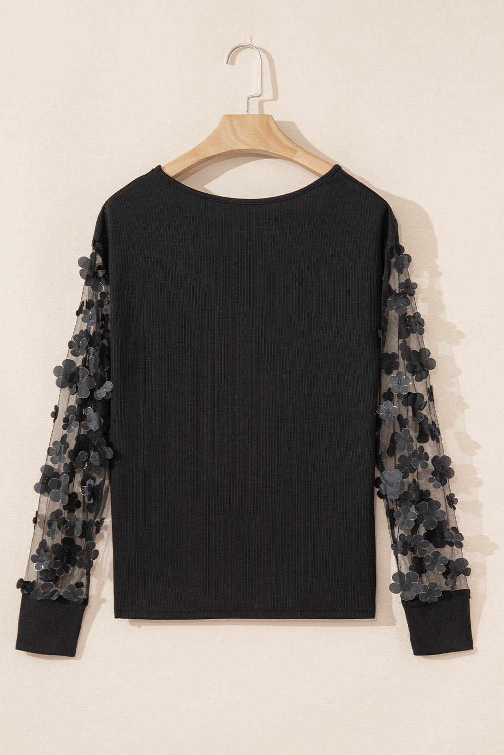 Black Flower Applique Mesh Long Sleeve V Neck Blouse - Image 8