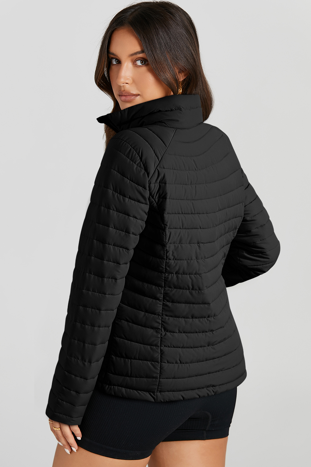 Black Solid Color Quilted Zip-up Puffer Jacket - Image 2