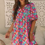 Sky Blue Floral Print Tie Split Neck Bubble Sleeve Babydoll Dress
