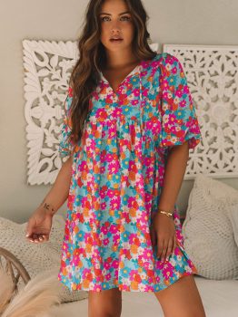 Sky Blue Floral Print Tie Split Neck Bubble Sleeve Babydoll Dress