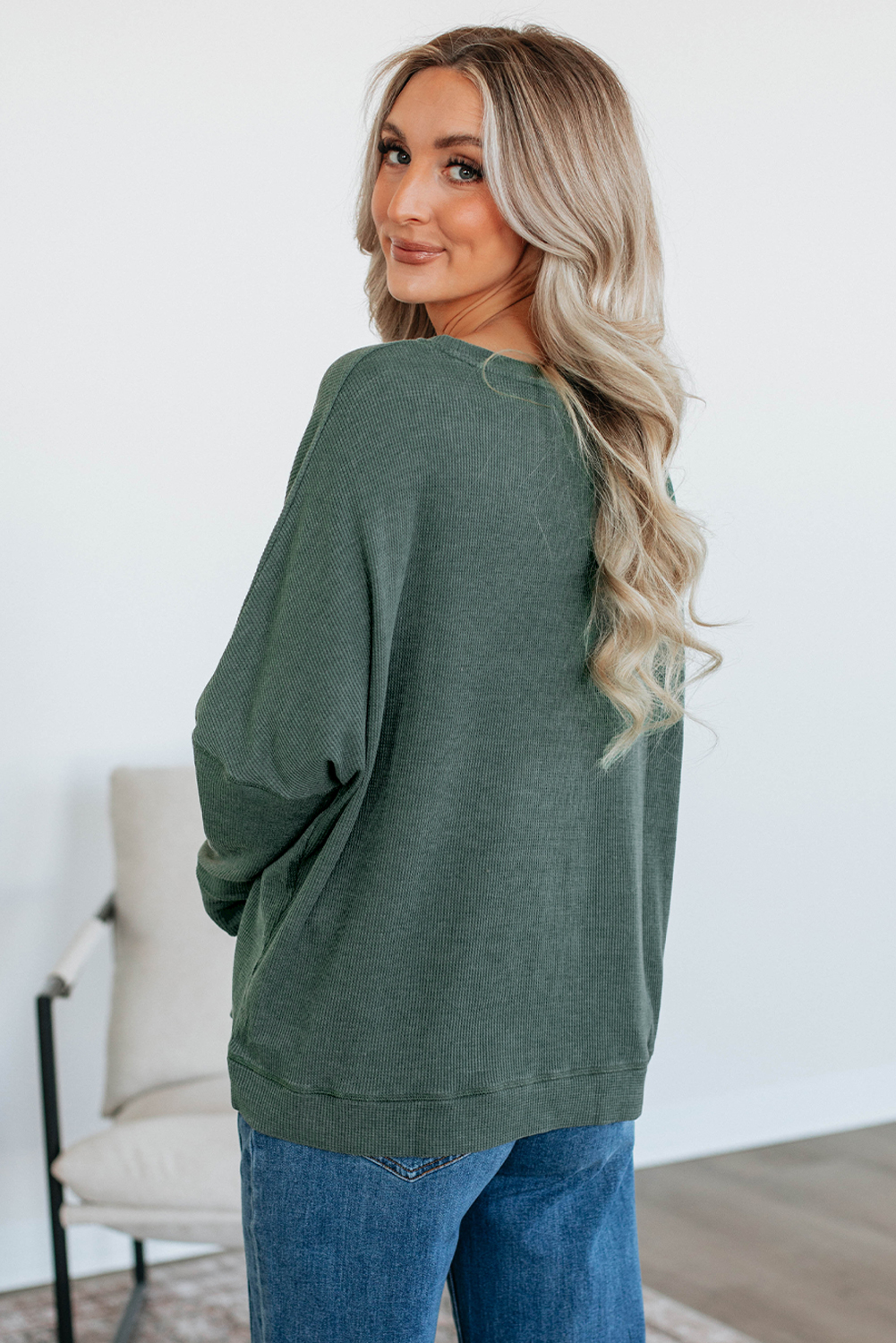 Mist Green Waffle Knit Patchwork Long Sleeve Loose Top - Image 2