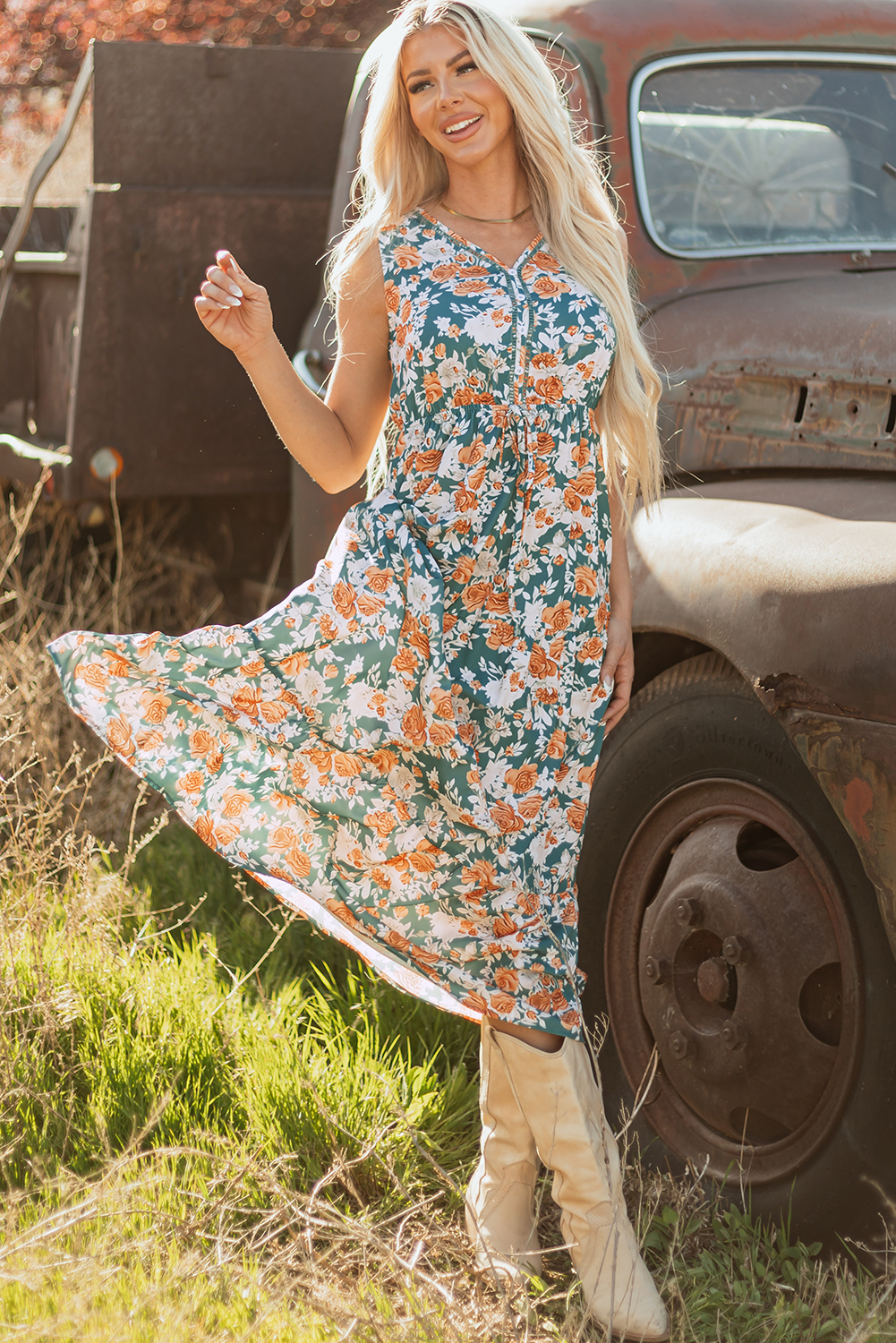 Green Floral Print Trimmed V Neck Tie Waist Sleeveless Holiday Long Dress - Image 7