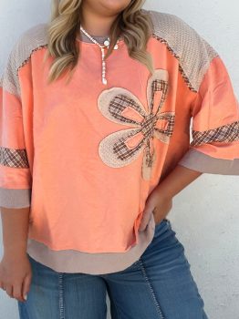 Grapefruit Orange Plaid Flower Waffle Patched Plus Size 3/4 Sleeve Top