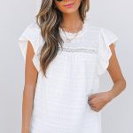 White Lace Neckline Flutter Sleeve Eyelets Blouse